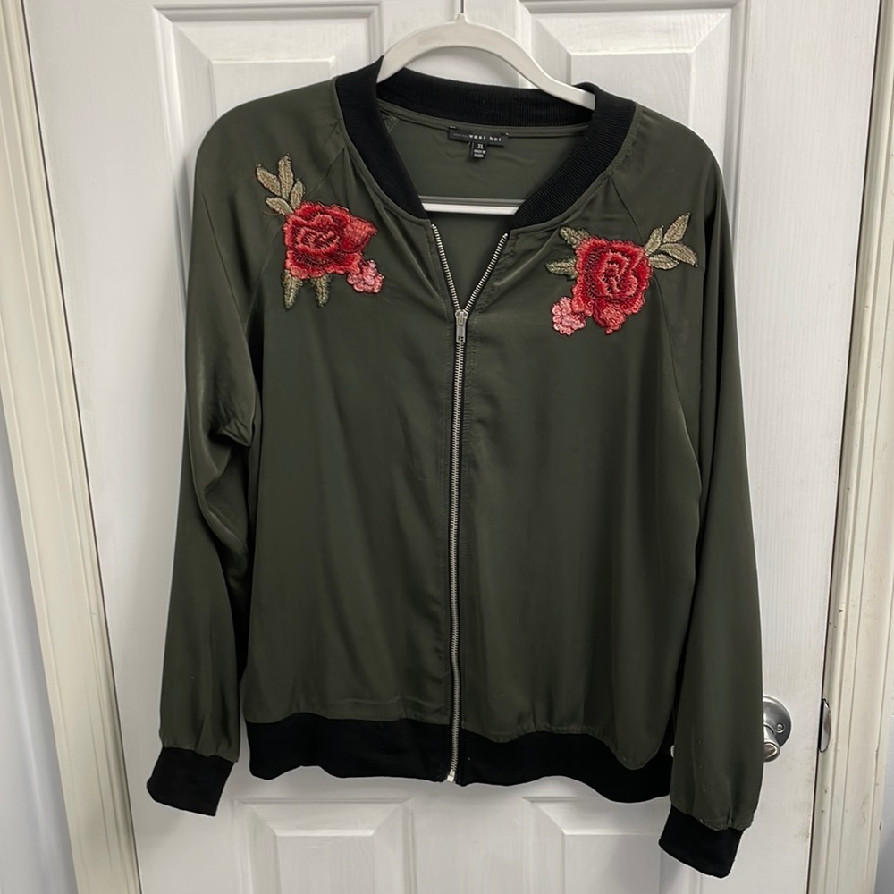 Olive Green Bomber Jacket with Floral Embroidery